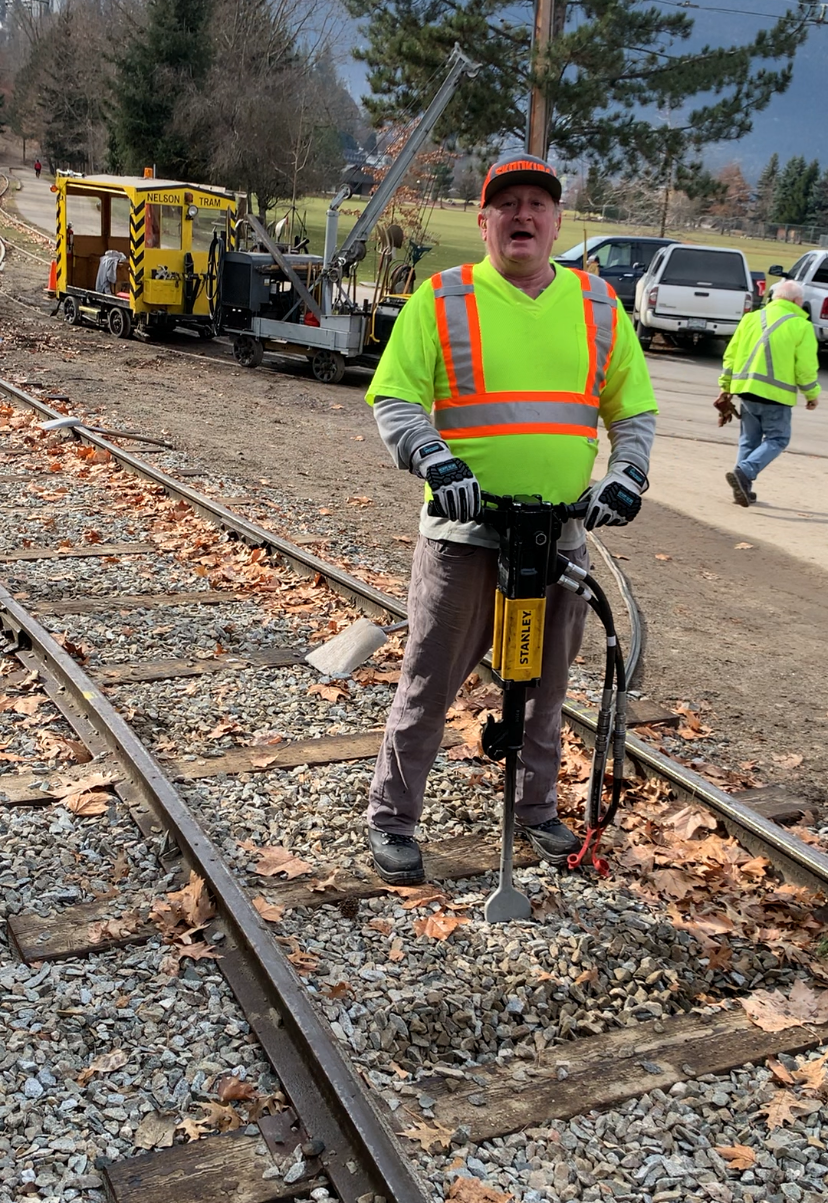 David Johnston volunteering on the Nelson Electric Tramway tracks