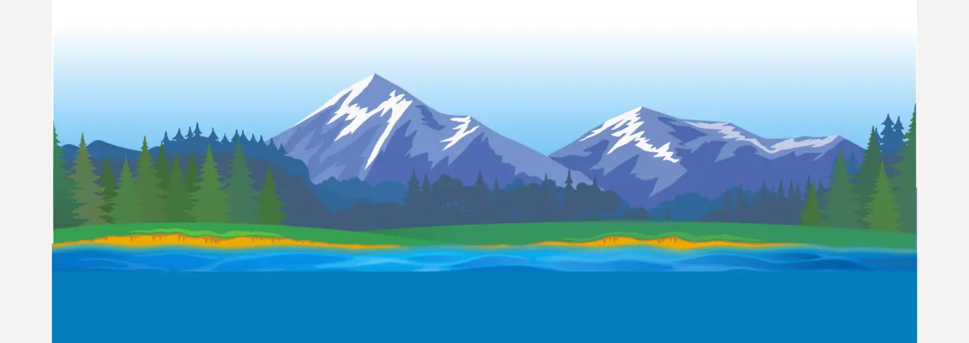 Illustrated mountain and lake landscape